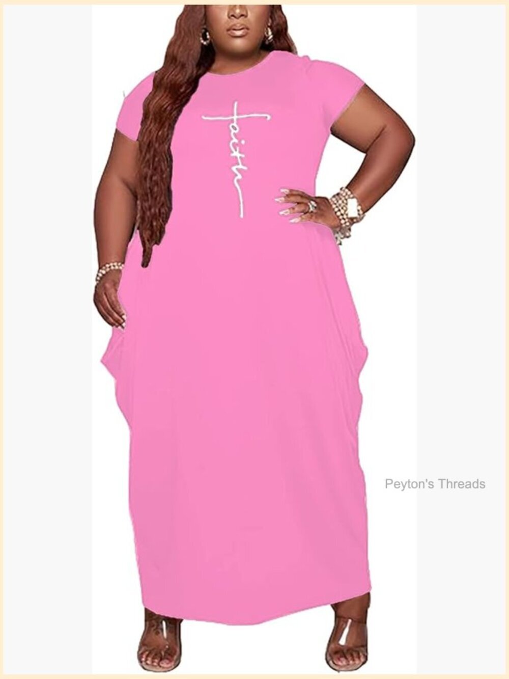 Plus Size Maxi Dress with Pockets, Short Sleeve V-Neck Casual Flowy Long Dress